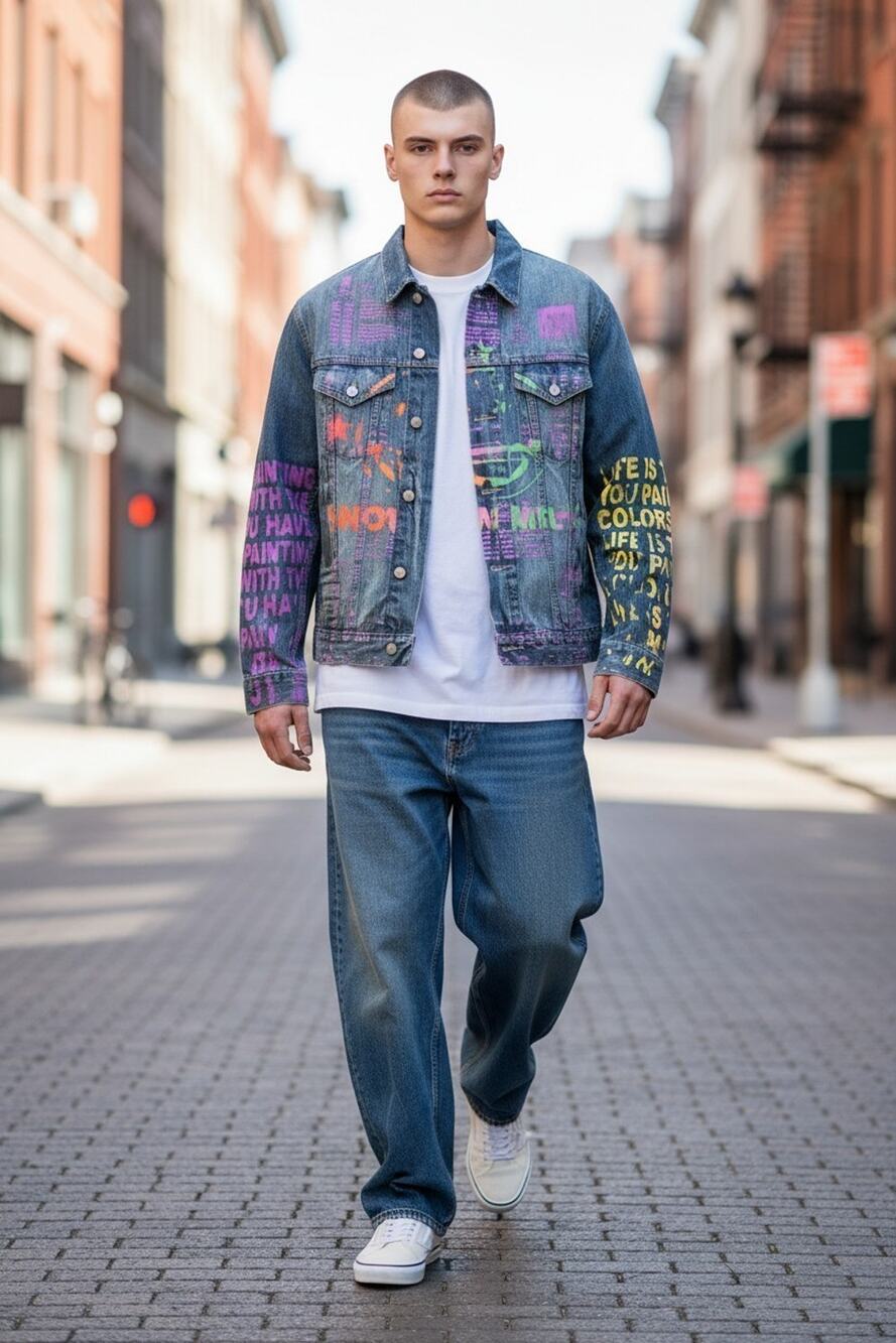 Customized denim trucker jacket all-over multicolored graffiti style graphics XL